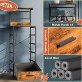 EKNKOZY Nightstand 5 Drawer Dresser with LED Lights, Charging Station, Metal Mesh Shelf with Hooks, Vertical Side Table with Fabric Drawers, End Table, Tall Dresser for Bedroom, Entryway, Rustic Brown EKNKOZY