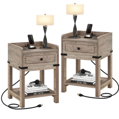 YITAHOME Farmhouse End Table with Charging Station, End Side Table with Drawer for Small Space, Bedside Table with USB Ports and Outlets, for Living room, Set of 2