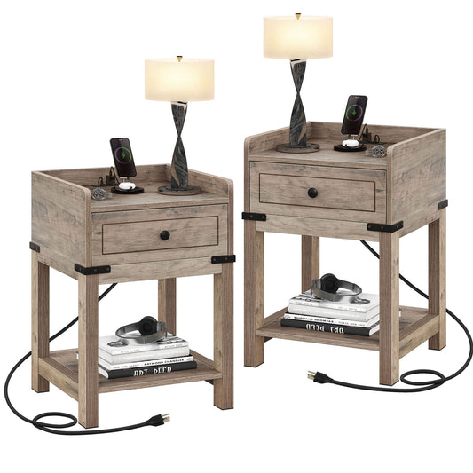 YITAHOME Farmhouse End Table with Charging Station, End Side Table with Drawer for Small Space, Bedside Table with USB Ports and Outlets, for Living room, Set of 2 - WoodArtSupply