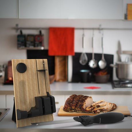 Classic Cuisine Electric Carving Knife Set - 2 Stainless-Steel Blades, Comfort Grip Handle, and Wood Storage Block for Slicing Bread, Meat and More Classic Cuisine