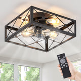 LEDIARY Caged Flush Mount Ceiling Fans with Lights and Remote, Black Square Low Profile Ceiling Fan, Small Farmhouse Bladeless Ceiling Fan for Bedroom, Kitchen, Indoor LEDIARY