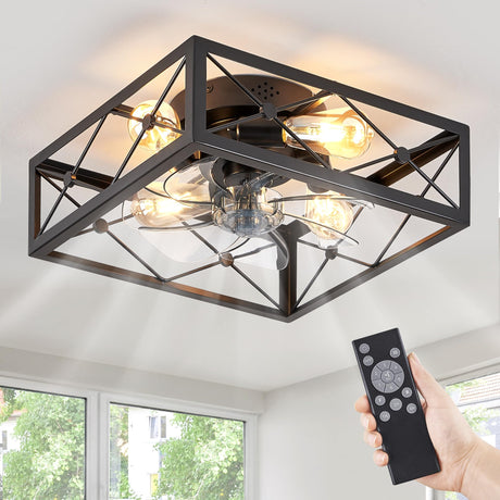 LEDIARY Caged Flush Mount Ceiling Fans with Lights and Remote, Black Square Low Profile Ceiling Fan, Small Farmhouse Bladeless Ceiling Fan for Bedroom, Kitchen, Indoor LEDIARY