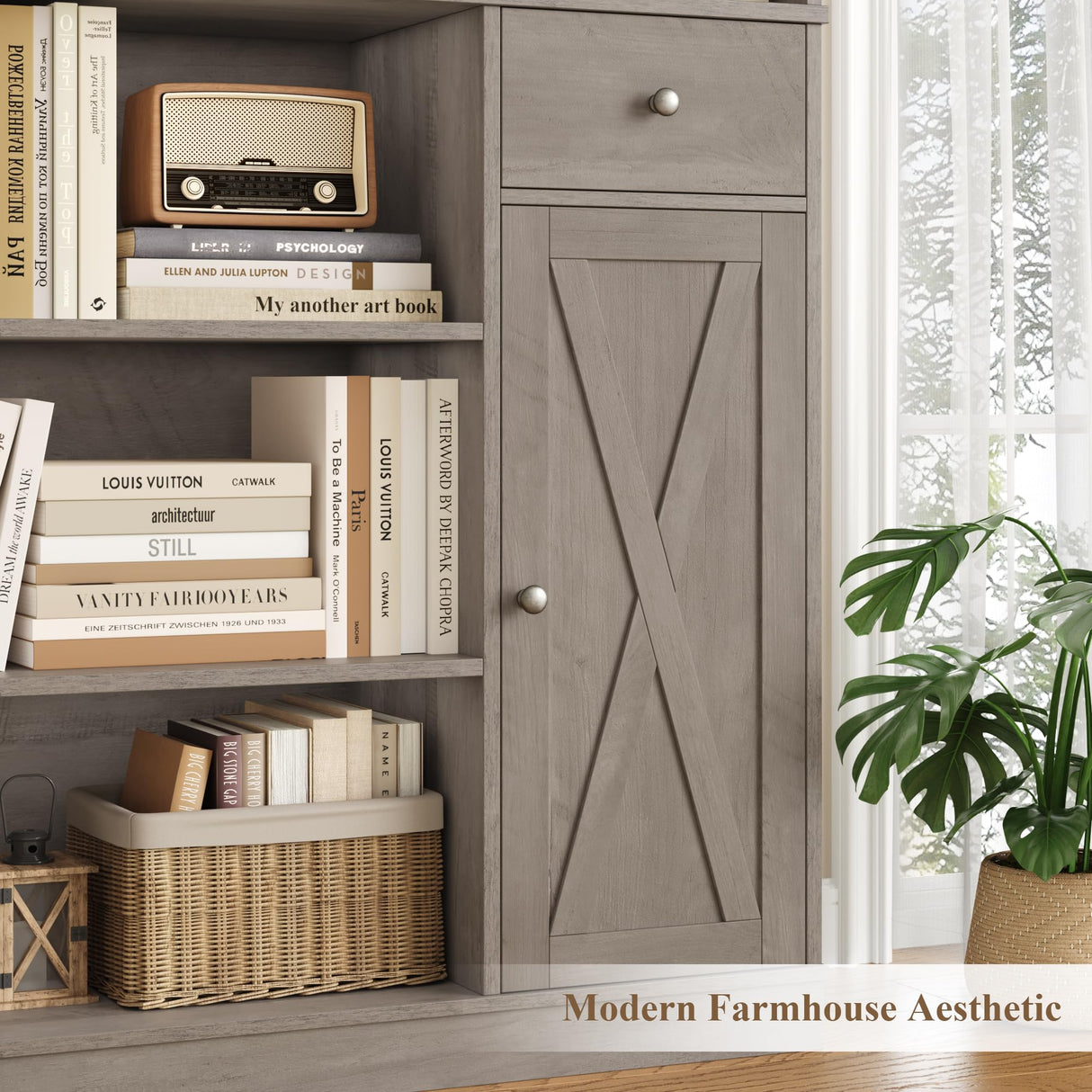 HOSTACK 74" Tall Book Shelf and Bookcase, 45" Wide Bookcase with Doors and Drawers, Modern 6 Tier Bookshelf with Storage, Large Wood Display Cabinet with Adjustable Shelves for Home Office, Ash Grey HOSTACK