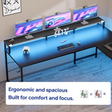 Pamray 64 Inch L Shaped Gaming Desk with Power Outlets and Led Lights, Large Corner Computer Desk with Monitor Stand and Pegboard, PC Table for Home Office and Bedroom Black Pamray