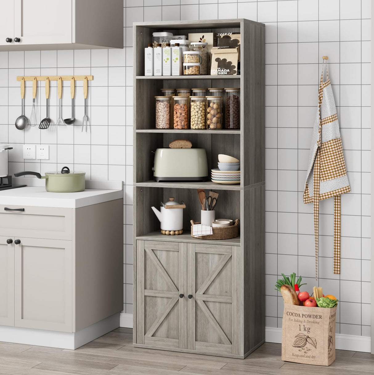 CABIHOME Farmhouse Bookcase with Doors 71.4in Tall Bookshelf 11.8in Depth Display Storage Shelves Industrial Bookcases Wooden 6 Shelf Bookshelves for Bedroom, Living Room, Home Office CABIHOME