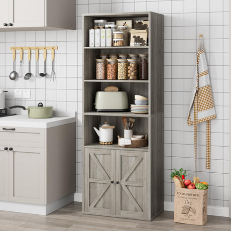 CABIHOME Farmhouse Bookcase with Doors 71.4in Tall Bookshelf 11.8in Depth Display Storage Shelves Industrial Bookcases Wooden 6 Shelf Bookshelves for Bedroom, Living Room, Home Office CABIHOME