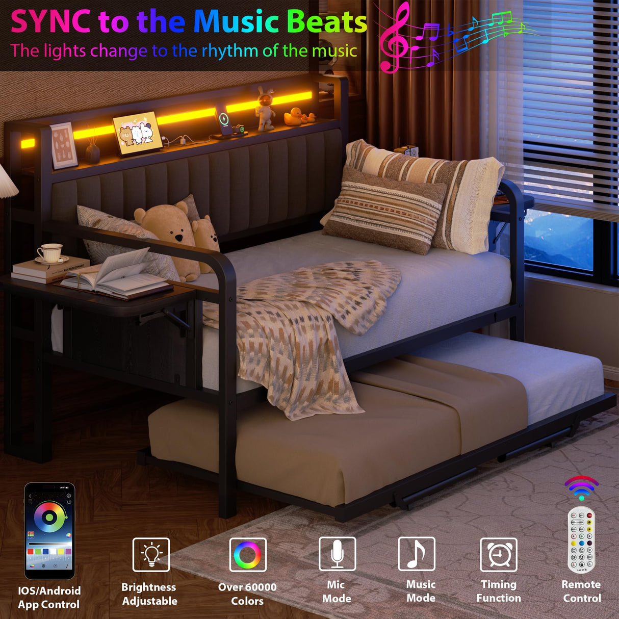 Daybed with Trundle and LED Light, Heavy Duty Metal Twin Bed Frame with Upholstered Storage Headboard & Charging Station, Day Bed Pop Up Trundle Bed Twin for Living Room,Bedroom and Guest Room (Black) Jocoevol