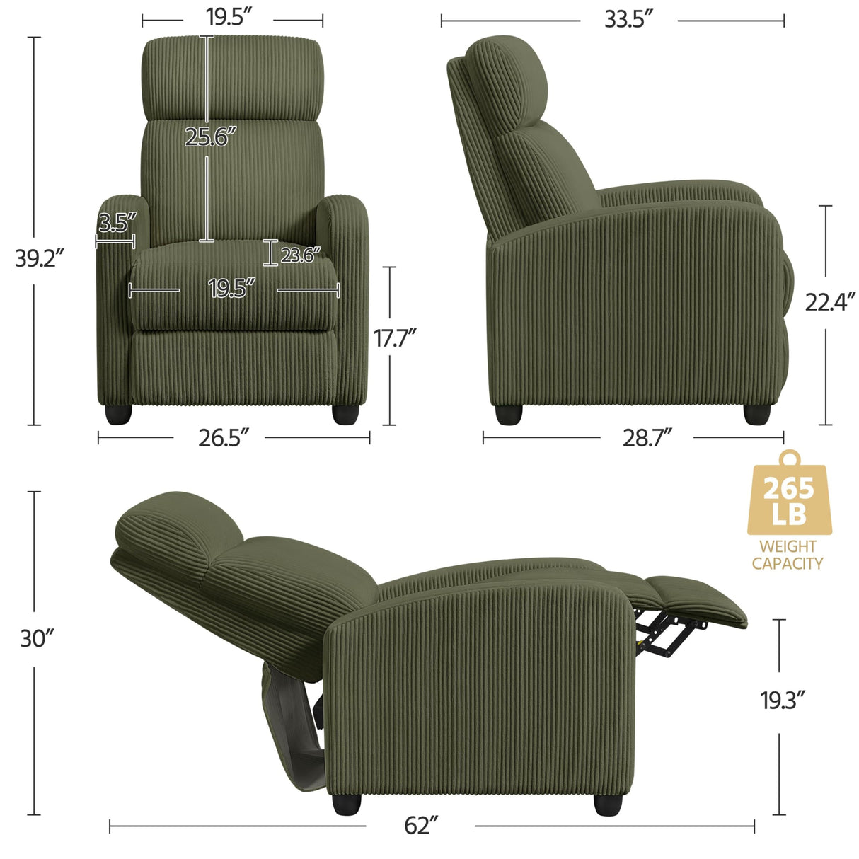 Yaheetech Corduroy Recliner Chair Single Sofa Home Theater Seating Adjustable Modern Reclining Chair for Living Room Bedroom Home Theater Dark Green Yaheetech