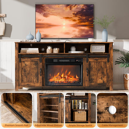 VINGLI Fireplace TV Stand for TVs Up to 65 Inch, Farmhouse Entertainment Center with 1500W/23'' Electric Fireplace Insert and Sliding Barn Doors (59'' x 16'' x 29'', Rustic Brown)