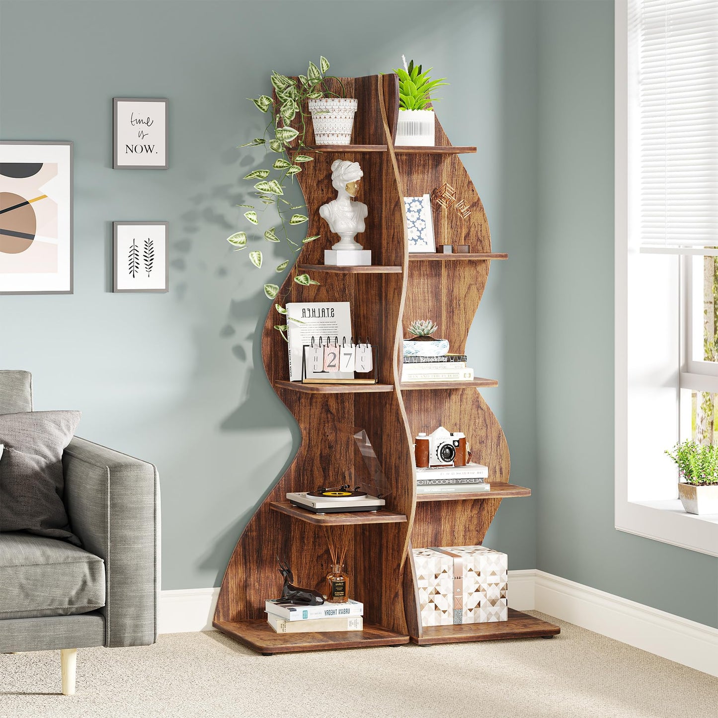 Rustic 5-Tier Corner Shelf - Stylish Brown Bookshelf & Plant Stand by Tribesigns - WoodArtSupply