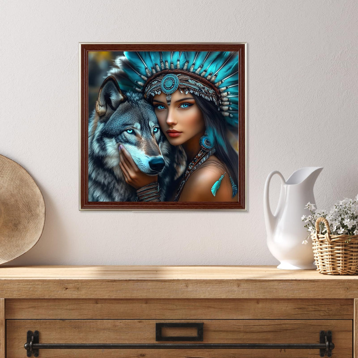 Miwixy Wolf Diamond Art Kits for Adults, American Native Indian Woman Diamond Painting Kit,5D Full Drill Diamond Art Canvas for Beginners Home Wall Decor 12 x 12 Inch Miwixy