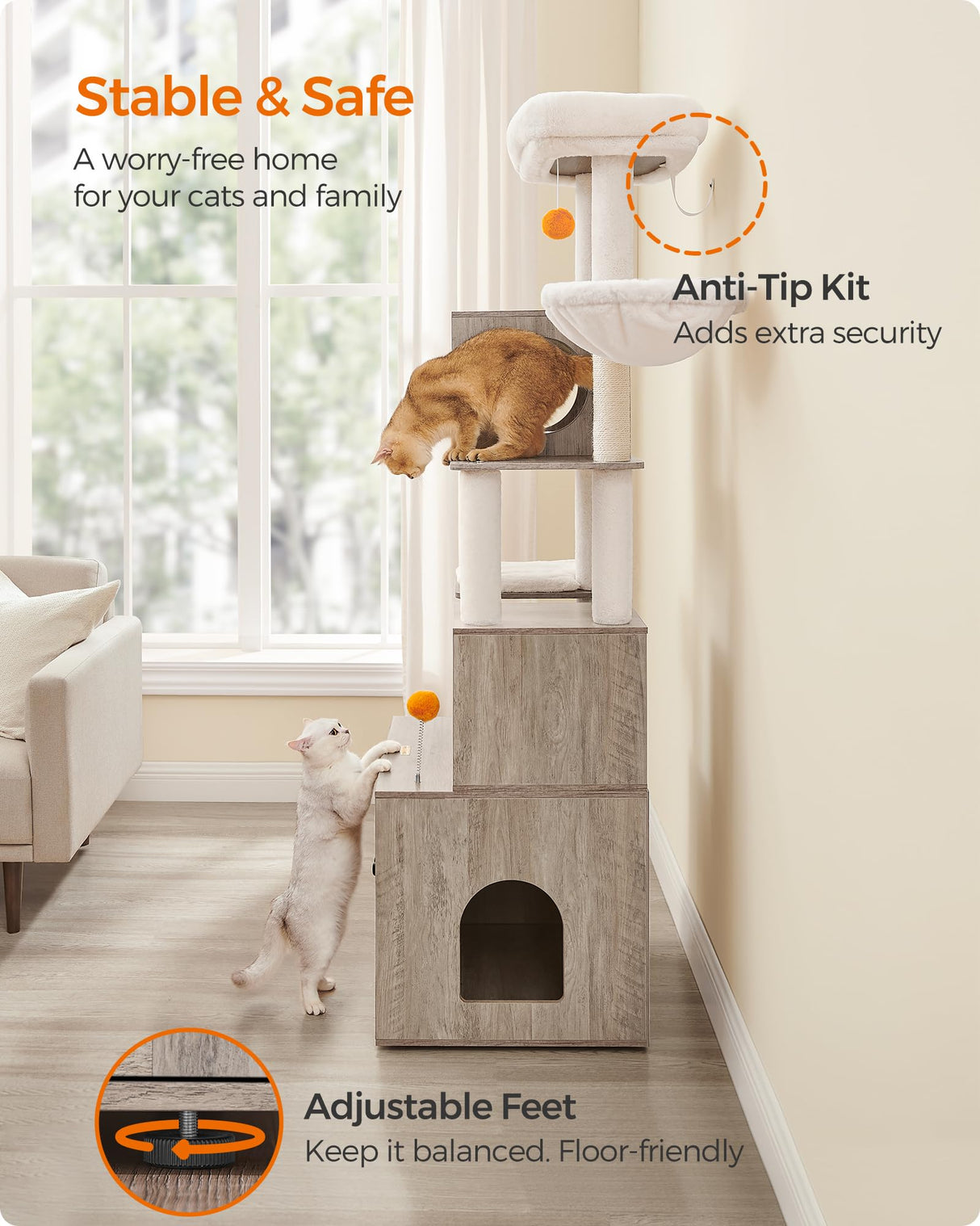 Feandrea Cat Tree with Litter Box Enclosure, 2-in-1 Modern Cat Tower, 72.8-Inch Tall Cat Condo with Scratching Posts, Perch, Caves, Basket, Washable Cushions, Heather Greige UPCT116G01 Feandrea