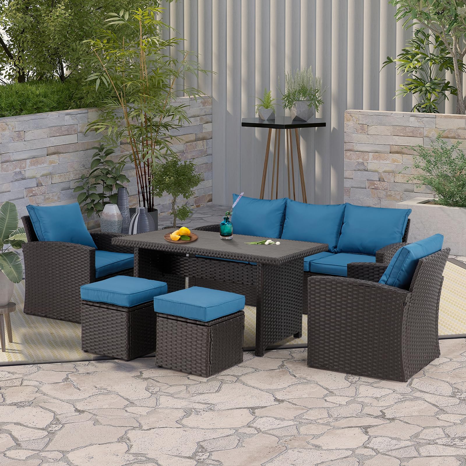 HOMREST 6 Pieces Patio Furniture Sets Clearance, Patio Dining Sofa Set Outdoor Sectional Sofa Conversation Set All Weather Wicker Rattan Couch Dining Table & Chair (Blue) - WoodArtSupply