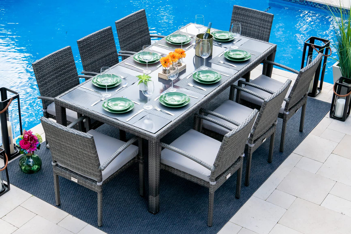 Bari 9-Piece Resin Wicker Outdoor Patio Furniture Dining Table Set in Mixed Gray w/Large Dining Table and Eight Cushioned Chairs - WoodArtSupply