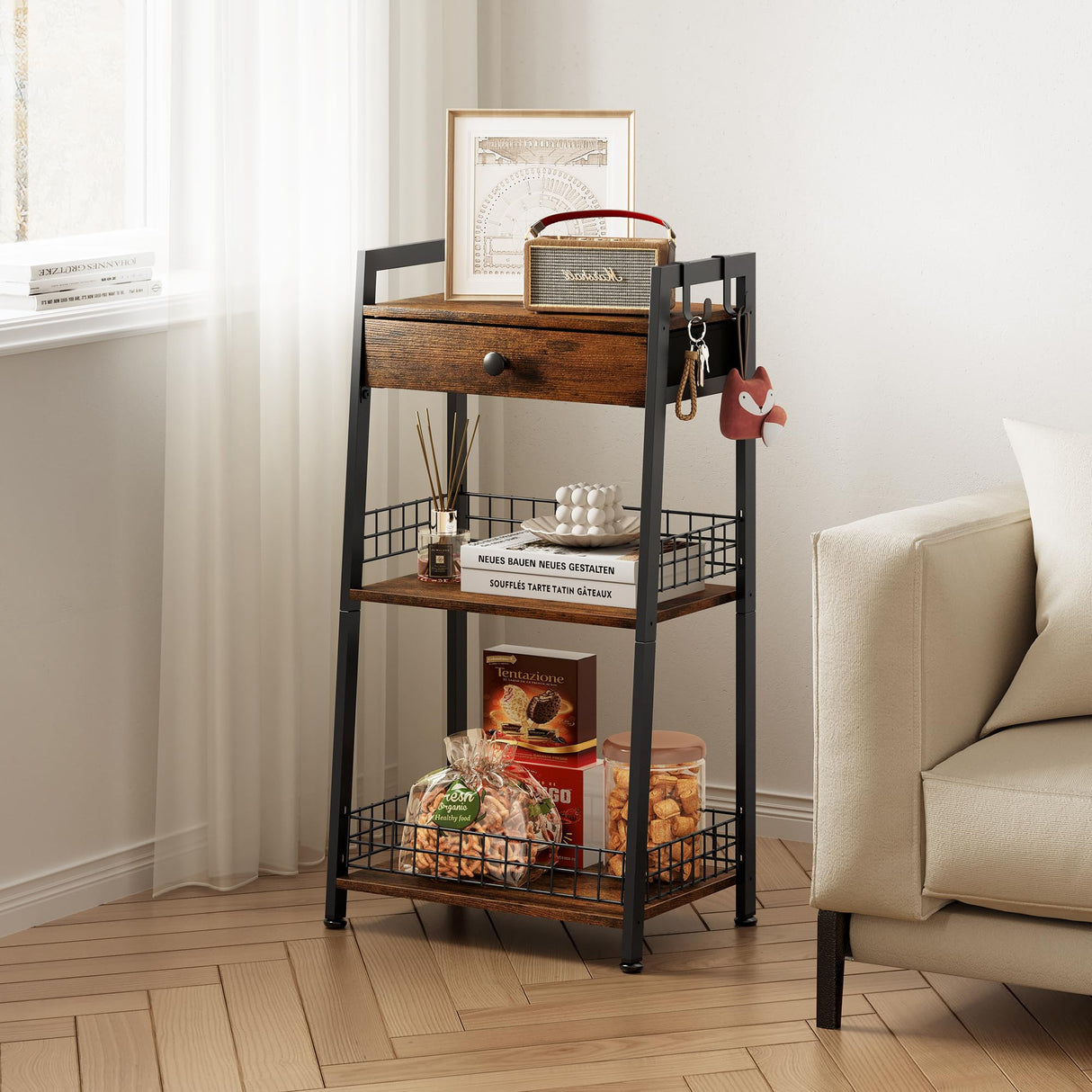 Gewudraw Rustic Brown 4-Tier Bathroom Ladder Shelf with Drawer - Multifunctional Freestanding Storage Solution Gewudraw