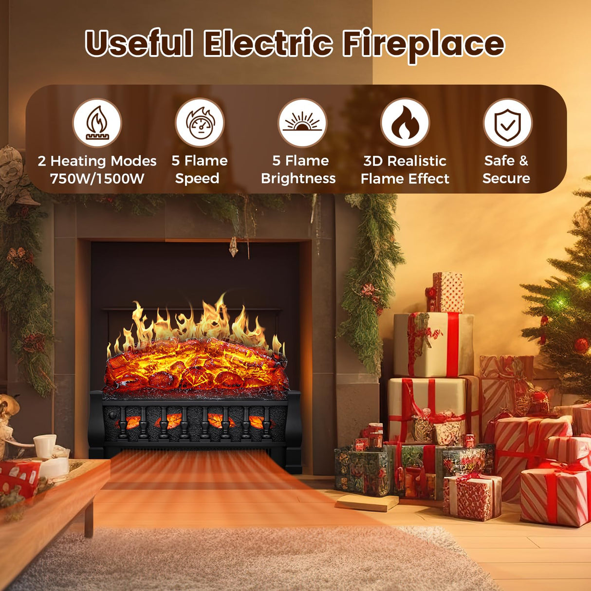 21 Inches Electric Fireplace Insert Log Heater Set, Freestanding Heater with Adjustable Flame Brightness and Flicker Speed, 750w/1500w Heating, Overheat Protection, Remote Control Electactic