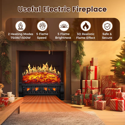 21 Inches Electric Fireplace Insert Log Heater Set, Freestanding Heater with Adjustable Flame Brightness and Flicker Speed, 750w/1500w Heating, Overheat Protection, Remote Control