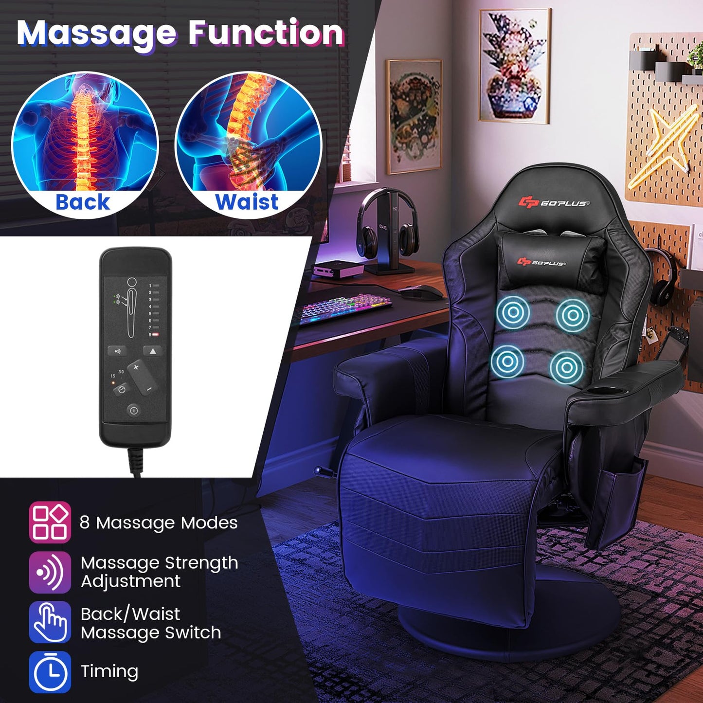 POWERSTONE Gaming Recliner, Adjustable Massage Gaming Chair with Cup Holder Footrest Ergonomic Single Sofa Living Room Home Theater Seating with Side Pouch (Black)