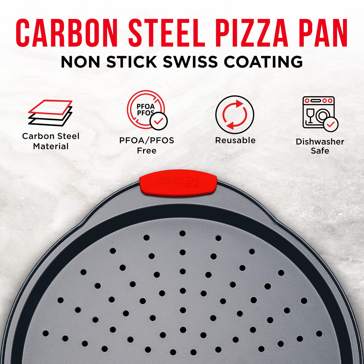 Pizza Tray – 2 Round with Silicone Handles – Carbon Steel Pizza Pan with Holes and Non-Stick Coating – PFOA PFOS and PTFE Free by Bakken BAKKENMASTER