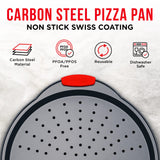 Pizza Tray – 2 Round with Silicone Handles – Carbon Steel Pizza Pan with Holes and Non-Stick Coating – PFOA PFOS and PTFE Free by Bakken BAKKENMASTER