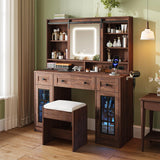 Maupvit Farmhouse Makeup Vanity Desk with Sliding Mirror, 45.5" Vanity Set with 3 Drawers & 2 RGB LED Cabinets & Charging Station, Ample Storage, Stool Included, Brown Maupvit