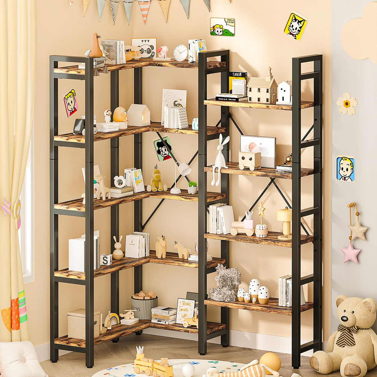 oneinmil Triple Wide 5-Shelf Bookcase Industrial Vintage Wood Style Large Open Bookshelves for Home&Office, Rustic Brown (5 Tier, Rustic Brown) oneinmil