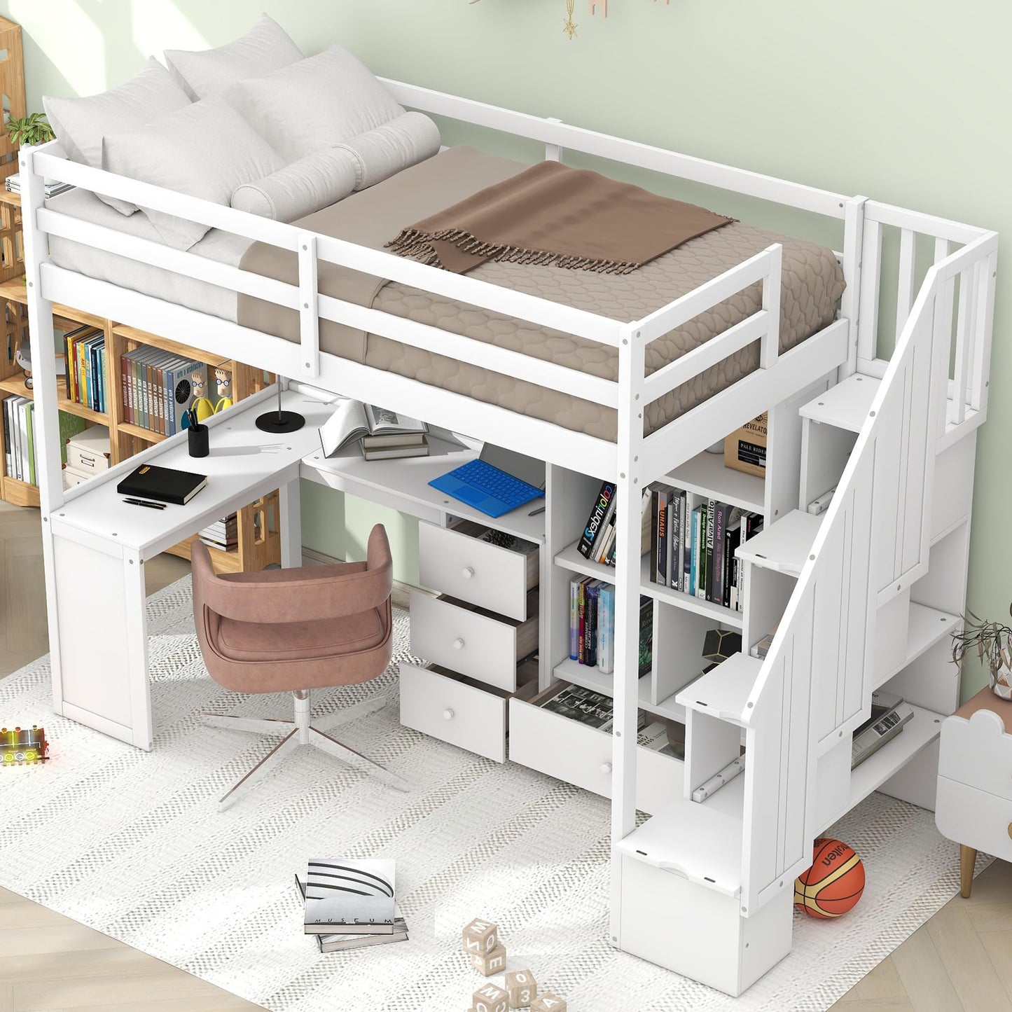 SOFTSEA White Twin Loft Bed with Desk, Stairs, and Storage for Kids and Teens