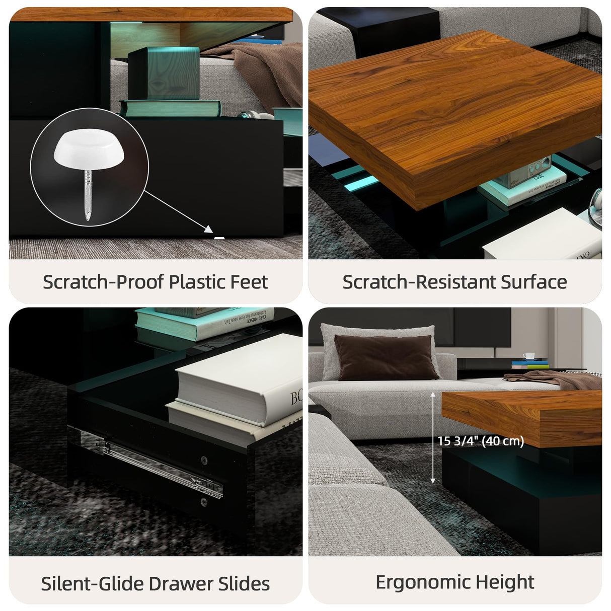 LED Coffee Table for Living Room, 2-Tier Modern Square Center Table with Music Sync Lights, High Gloss Surface, 30 3/4" x 30 3/4" (Rustic Brown+Black) Yeewe