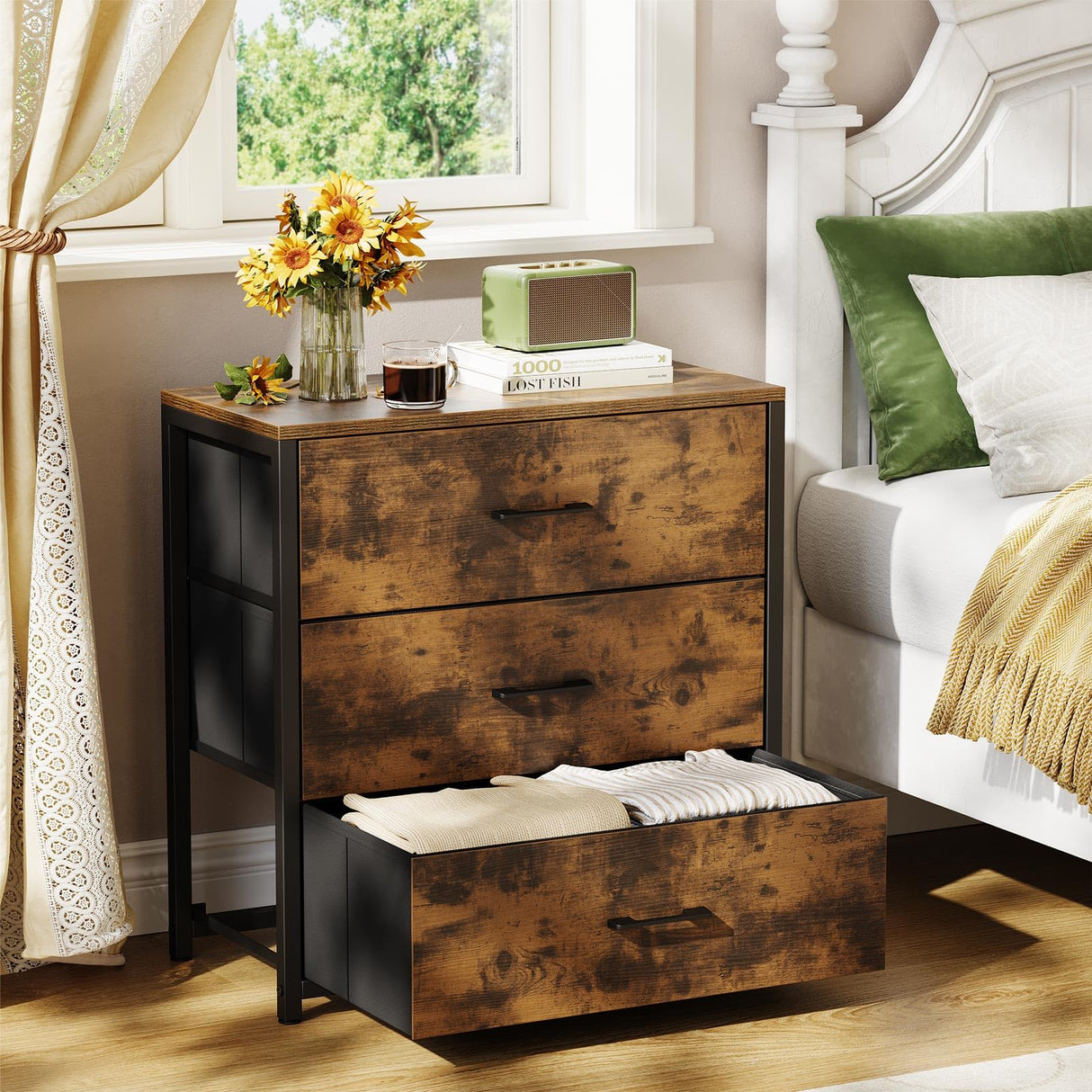 Memobarco Nightstand, End Table, Bedside Table, Small Tall Dresser for Bedroom with 3 Storage Drawer, Chest of Drawers Fabric Dressers with Steel Frame, Wooden Top & Front for Living Room Memobarco