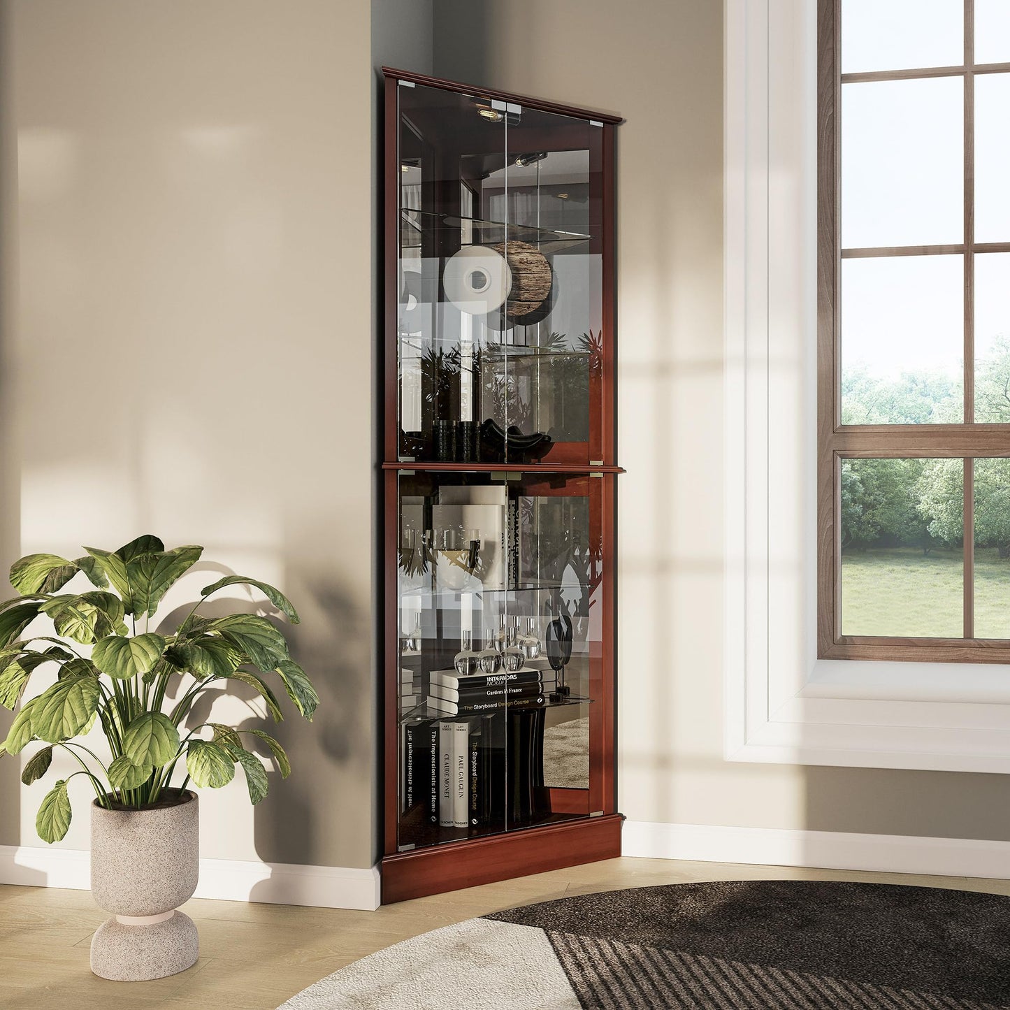 BELLEZE Lighted Corner Display Curio Cabinet Wooden Shelving Unit with Tempered Glass Door, Bar and Liquor Storage Area with 6 Shelves - Woody (Walnut)