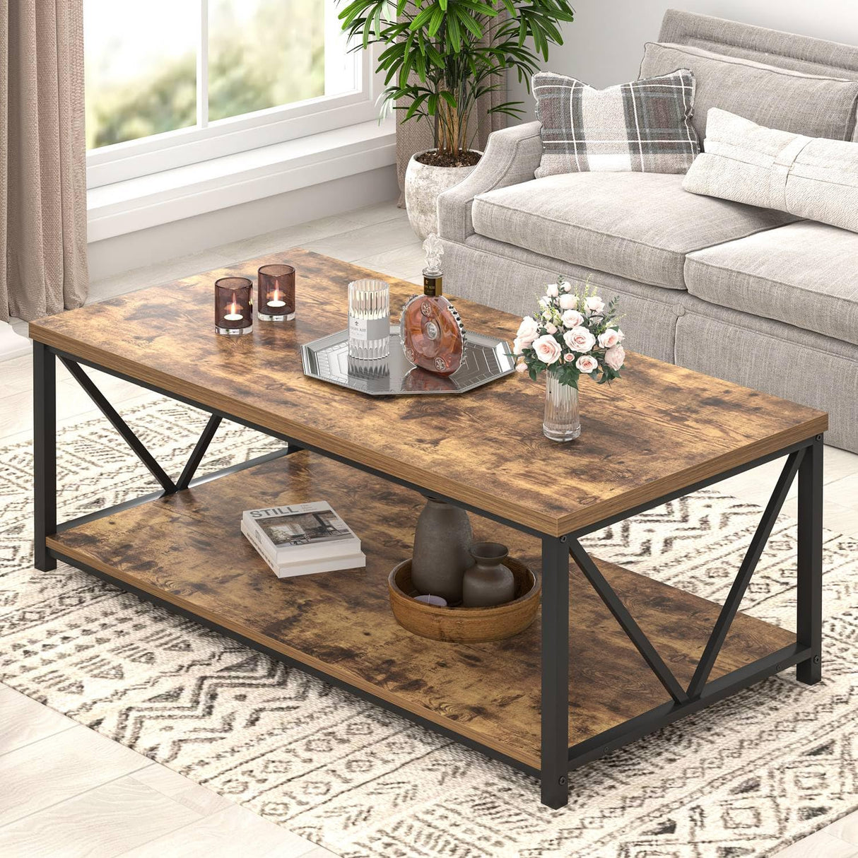 EXCEFUR Modern Coffee Table, Rustic Wood and Metal Living Room Table with Storage Shelf, Industrial Rectangle Center Table, 47 Inch Brown EXCEFUR