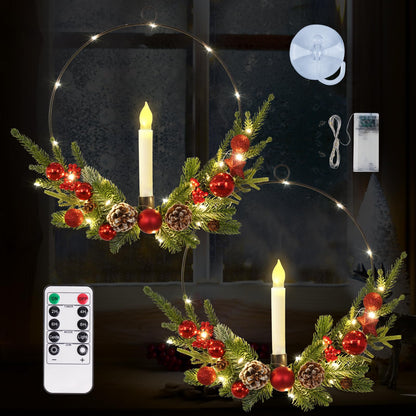 Dolicer 2 Pcs Christmas Wreaths for Front Door Window 12In Christmas Wreaths with LED Lighted Taper Candles and Remote Control Berries and Pine Cones Wreaths for Holiday Christmas Party Decoration