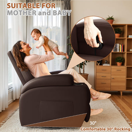 Flamaker Swivel Rocker Recliner Chair with Vibration Massage, 360° Swivel Recliner Chairs for Adults Ergonomic Lounge Chair with Cup Holders Lazy Boy Recliner Single Sofa Seat (Leather, Brown) Flamaker