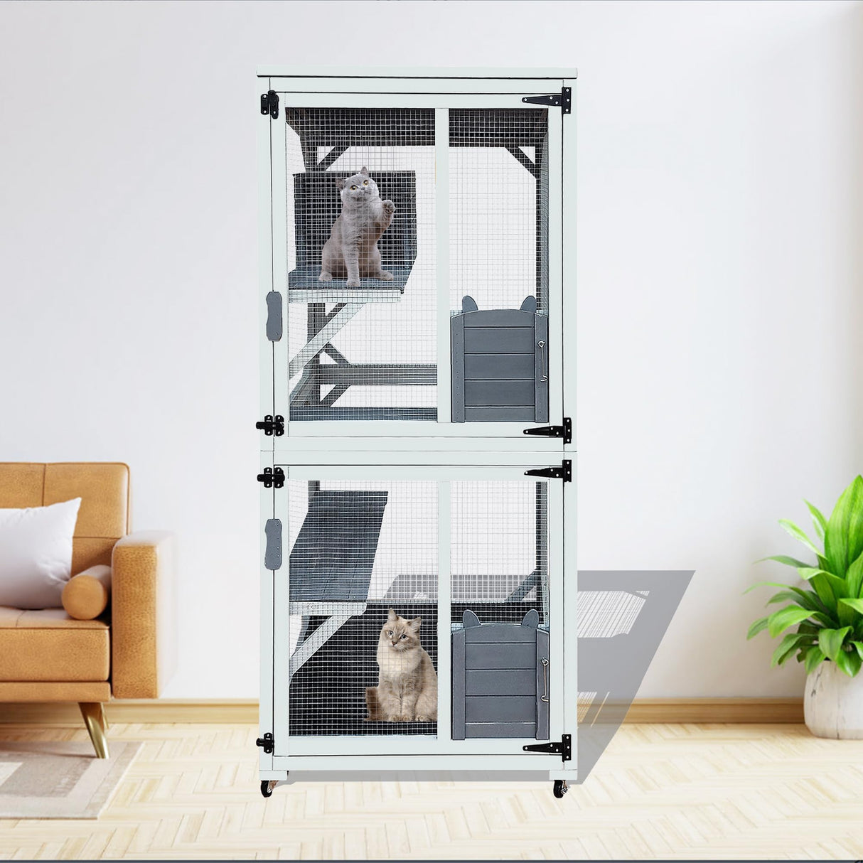 Outdoor Catio Enclosure on Wheel, 71" Large Catio Outdoor Cat Enclosure with Weatherproof Asphalt Roof & Sliding Doors, Wooden Cat Condo Cage Shelter Playpen with 2 Napping House & 4 Jumping Platforms Mochalight