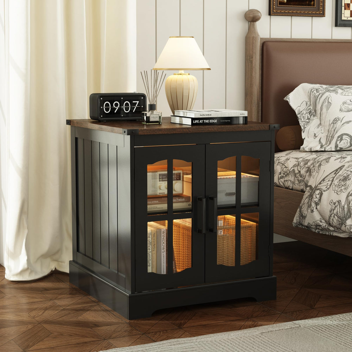 ChooChoo Rustic End Table, 24" Large Sofa Side Table with Charging Station & LED Light, Black Nightstand with Adjustable Storage Shelf, Square Bedside Table for Living Room, Bedroom, Office ChooChoo
