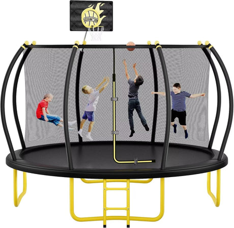 12FT Pumpkin Trampoline with Basketball Hoop, Enclosure Net and Ladder for Kids and Adults, Recreational Trampoline for Outdoor and Backyard, ASTM Approved JINS&VICO