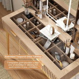 48" Fluted Makeup Vanity Desk with Sliding Mirror and Lights, Wooden Dressing Table with 5 Drawers and Adjustable Shelves,Makeup Vanity Table Modern Glass Top Charging Station for Bedroom (Wooden) TTSITG