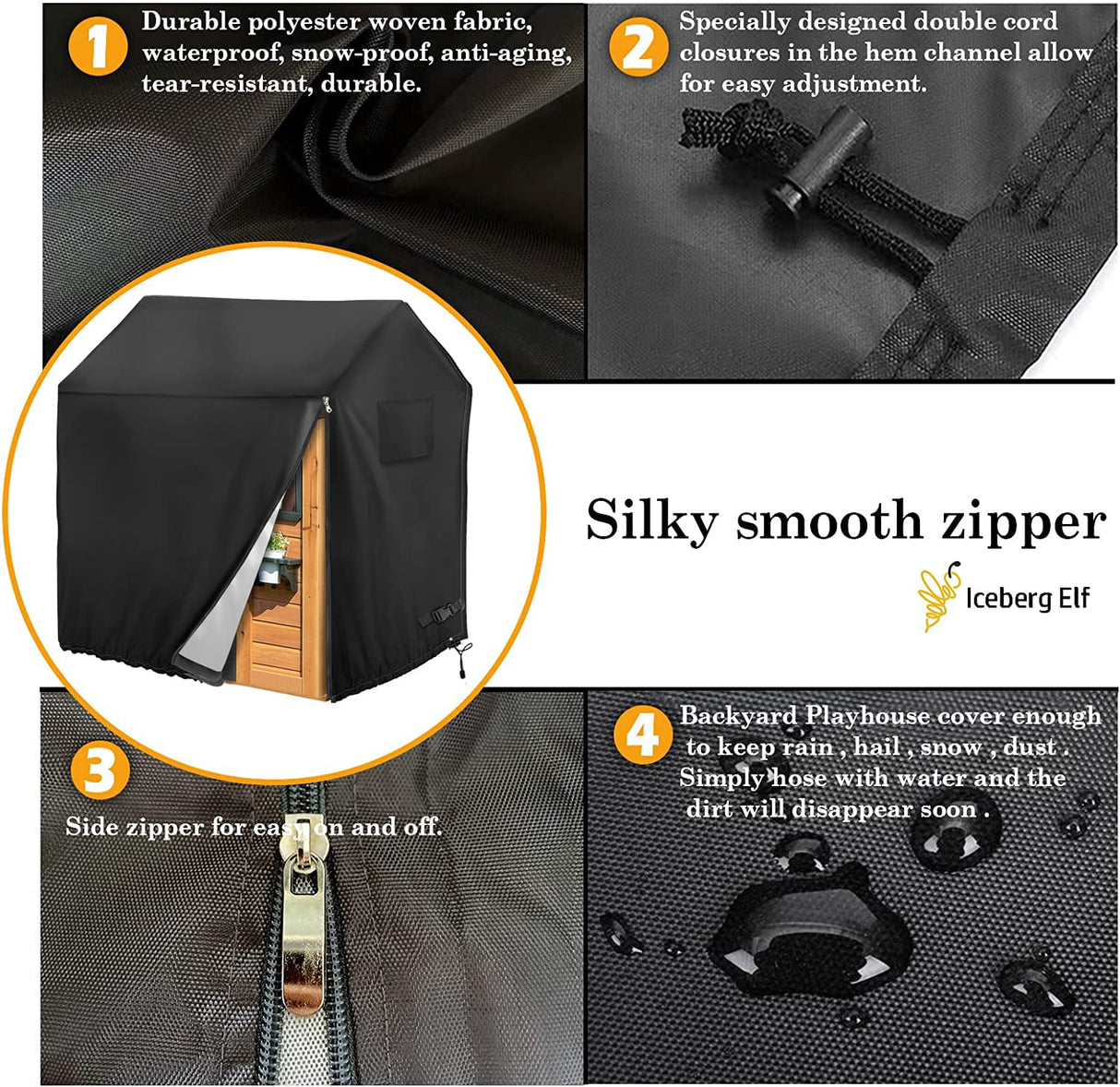 Iceberg Elf Playhouse cover, Outdoor wooden kids playhouse covers, 57" L x 57" W x 63" H, Waterproof, Sun Protection dust, Easy to put on with side zipper, 640D Heavy duty oxford fabric, (Black) Iceberg Elf