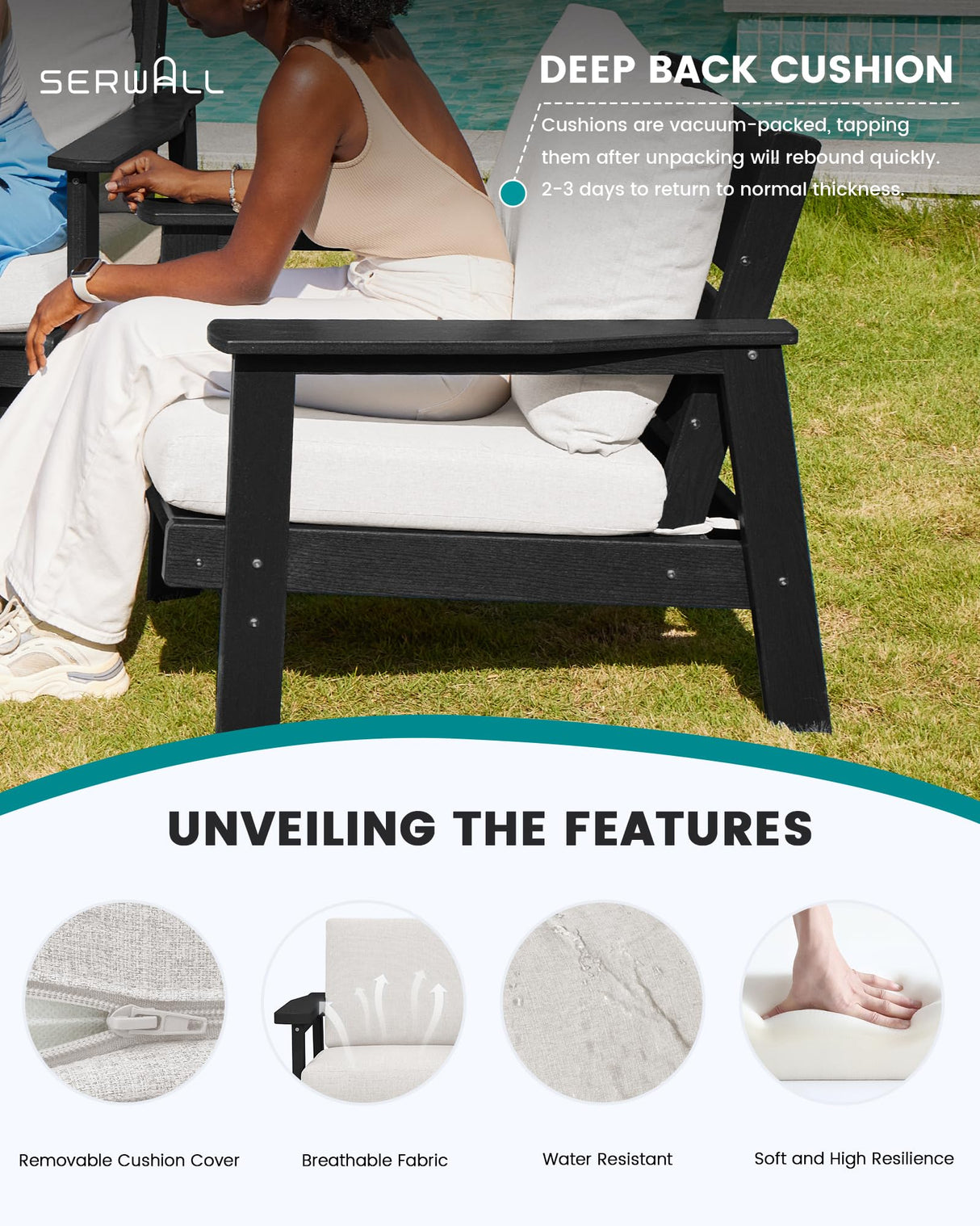 SERWALL HDPE Outdoor Patio Loveseat, Black Frame and Khaki Cushion SERWALL