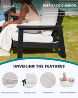 SERWALL HDPE Outdoor Patio Loveseat, Black Frame and Khaki Cushion SERWALL