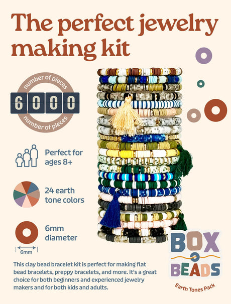 Box-O-Beads, 6000 pcs Polymer Clay Heishi Beads for Bracelet & Jewelry Making, DIY Bracelet Making Kit for Kids & Teens Ages 8-12, 24 Earth Tone Colors, 6mm Beads Felix LeChef