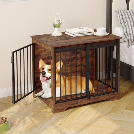 Hzuaneri Dog Crate Furniture, 32" Double Door Dog Crate with Barn Door, Dog Kennel Indoor, End Side Table Wooden Dog Crate for Small Medium Large Dog, Anti-Chew Anti-Escape, Rustic Brown DFC83601B Hzuaneri