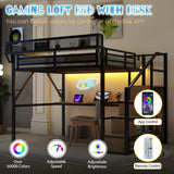 Mirightone Gaming Queen Loft Bed with Desk and Stairs, Metal Lofts Bed Queen Size with Upper Storage Shelf, High LoftBed with Light, USB Charging Station and Wardrobe for Adults, Teens, Black Mirightone