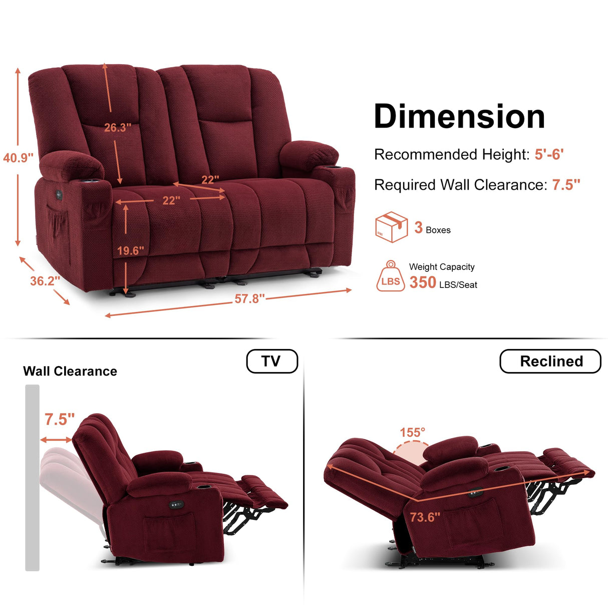 MCombo 57.8" Zero Gravity Power Loveseat Recliner with Heat and Vibration Massage, Reclining Loveseat Sofa with USB Ports, Cup Holders for Living Room, Fabric 6035SET (Burgundy) MCombo