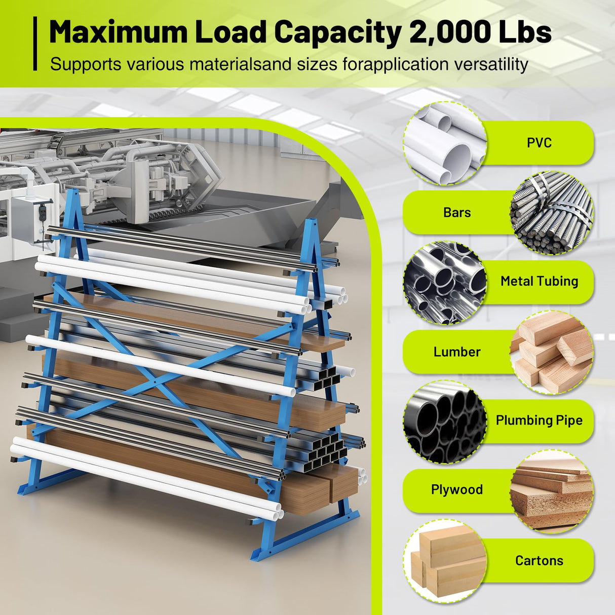 Hymula Horizontal Lumber Storage Rack, Heavy Duty 2000 LBS, 60” W x 66” H x 40” D, 7-Tier Metal Garage Shelf with Adjustable Arms for Wood, Pipes, and Building Materials Hymula