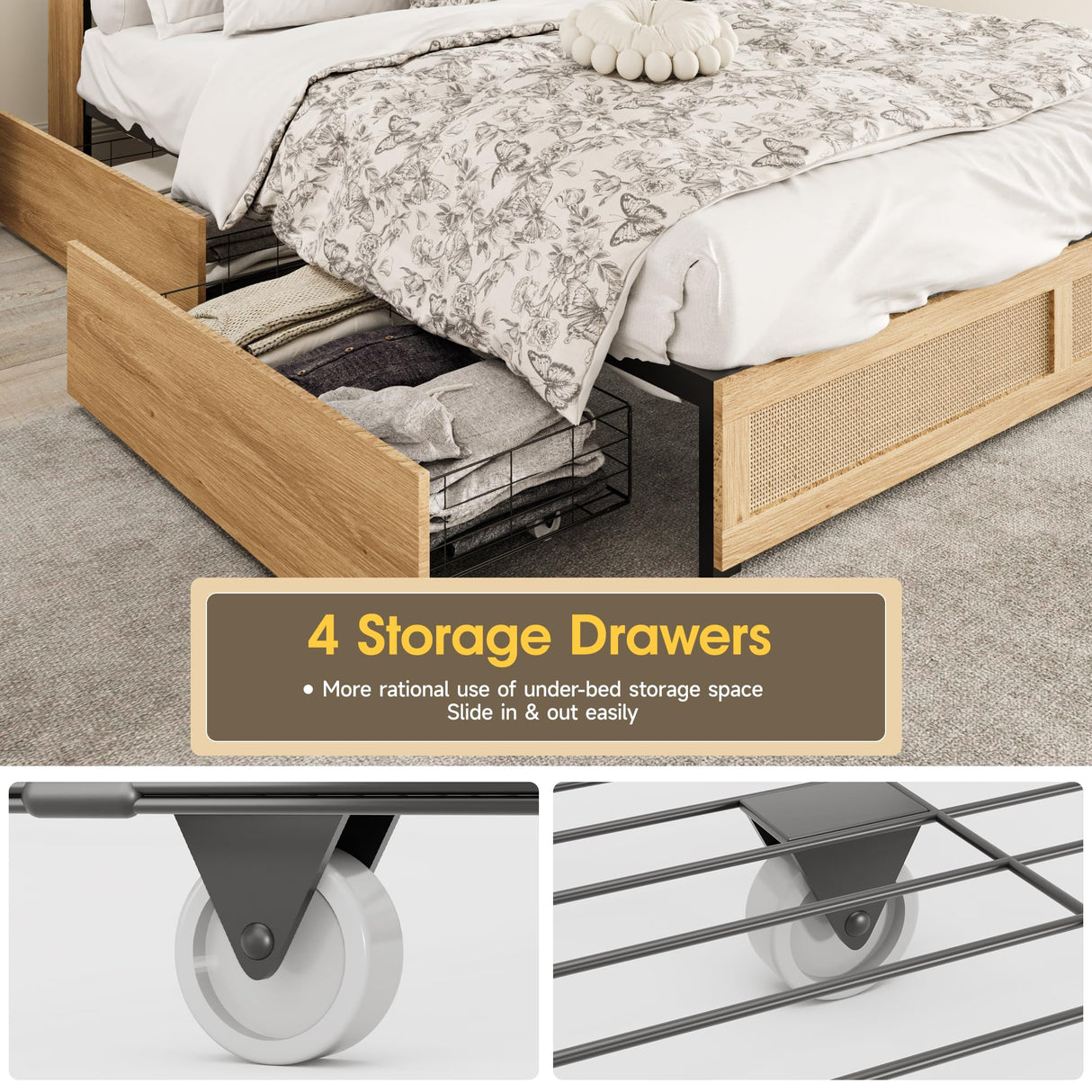 Fameill Boho Full Bed Frame with LED Lighting, Rattan Storage Headboard & 4 Drawers Fameill