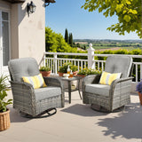 CAODOC 3-Piece Swivel Rocking Rattan Chair Outdoor, Patio Bistro Furniture Conversation Set, Wicker Chair with Coffee Table Dark Gray CAODOC