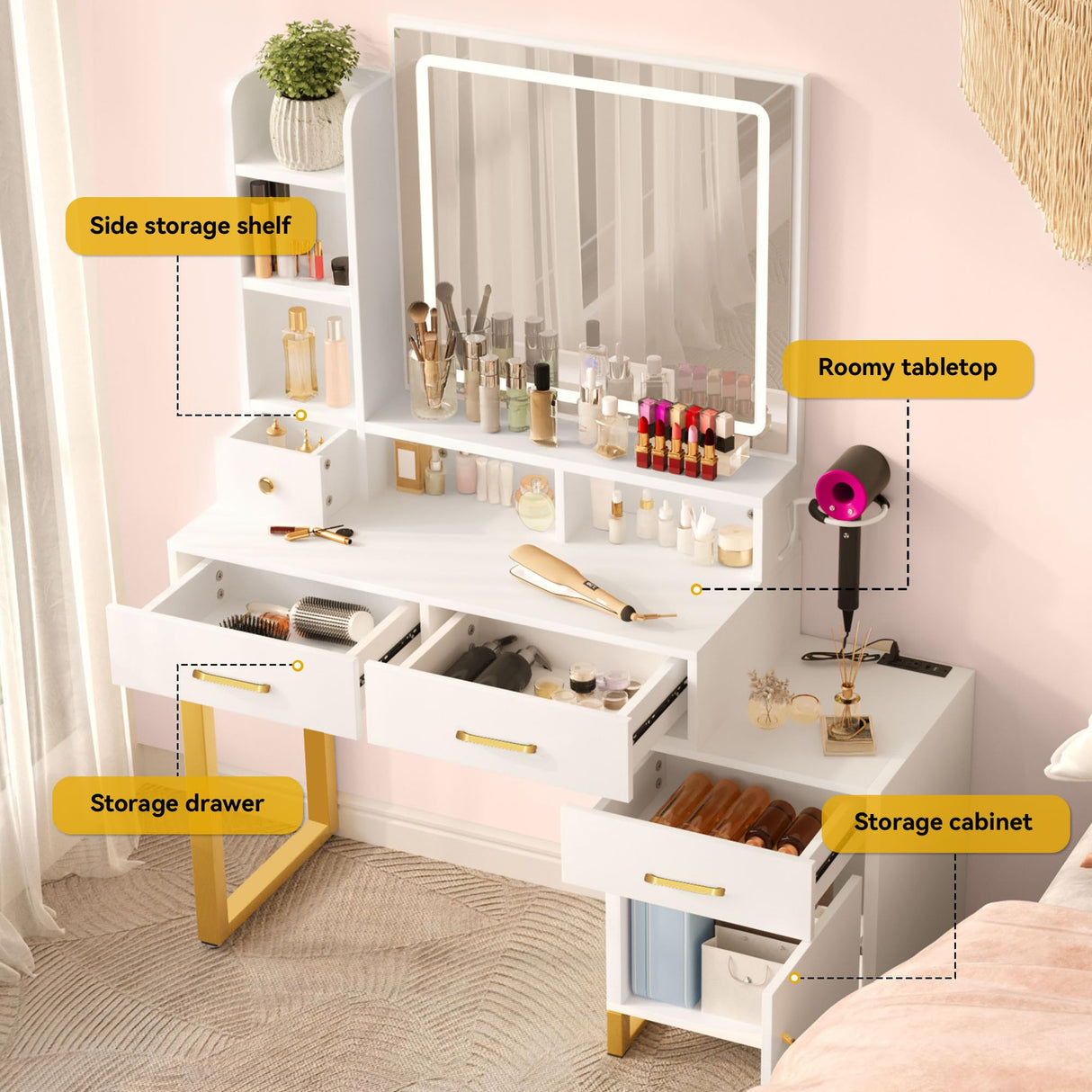 DWVO Vanity Desk with Mirror and Lights, Makeup Vanity Set with Adjustable 3-Mode Lighting and Power Outlet, Vanity Desk with Multiple Storage Drawers, Shelves, Cabinet and Stool, Frost White DWVO