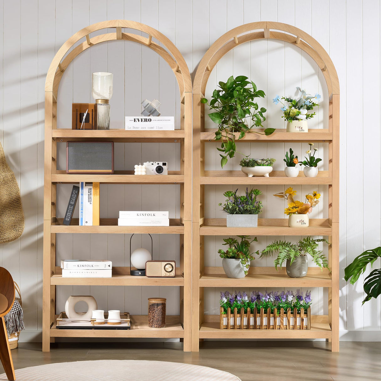 YUCHIATH 5-Tier Solid Wood Open Bookcase, Modern Arched Bookshelf, Home Office Shelf Storage Organizer, Storage Display Rack Shelf for Living Room (Natural) YUCHIATH