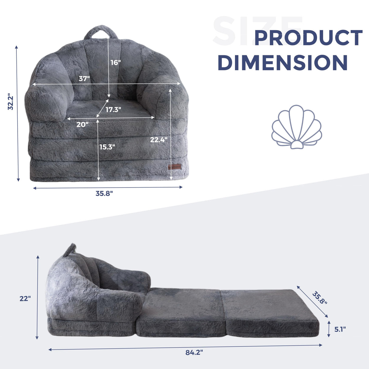 MAXYOYO Folding Sofa Bed, 2 in 1 Convertible Sofa to Lounger Comfy Single Bean Bag Chair for Adults, Floor Sleeper Couch with Handle, Faux Fur Couch Bed for Living Room Bedroom, Grey MAXYOYO